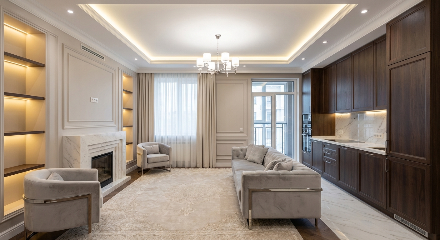 Дизайн гостиной в стиле Классика — пример интерьера от нейросети RoomGPT