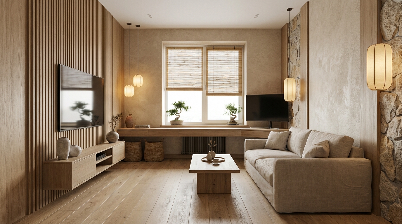 Дизайн гостиной в стиле Japandi — фото интерьера от нейросети RoomGPT