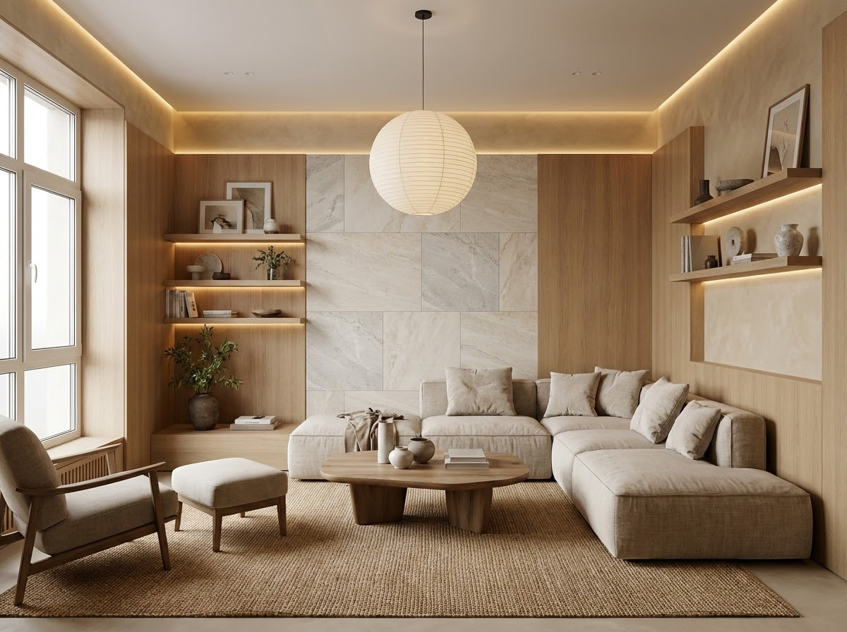 Дизайн гостиной в стиле Japandi — фото интерьера от нейросети RoomGPT