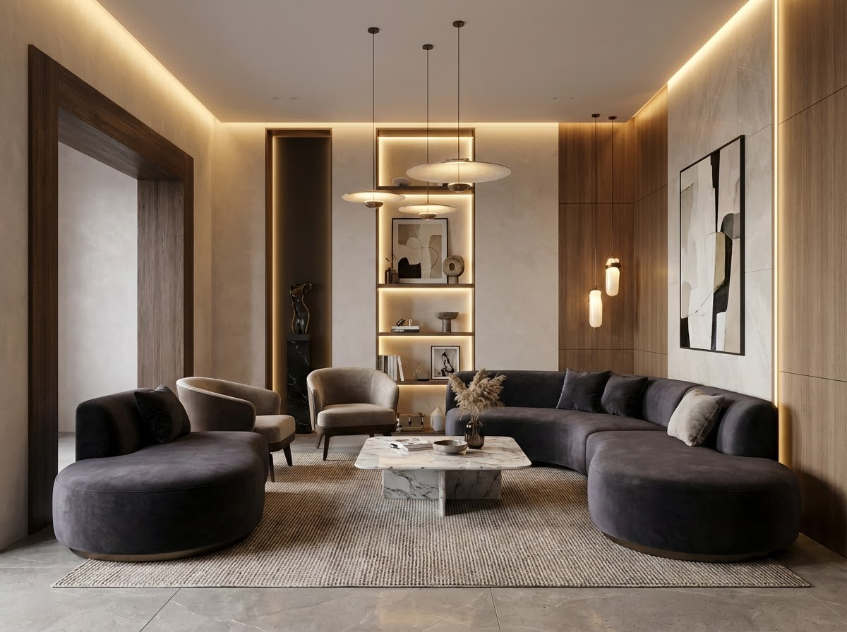 Дизайн гостиной в стиле Контемпорари — пример интерьера от нейросети RoomGPT