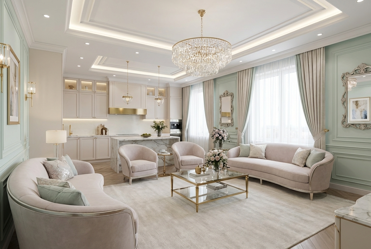 Дизайн гостиной в стиле Неоклассика — пример интерьера от нейросети RoomGPT