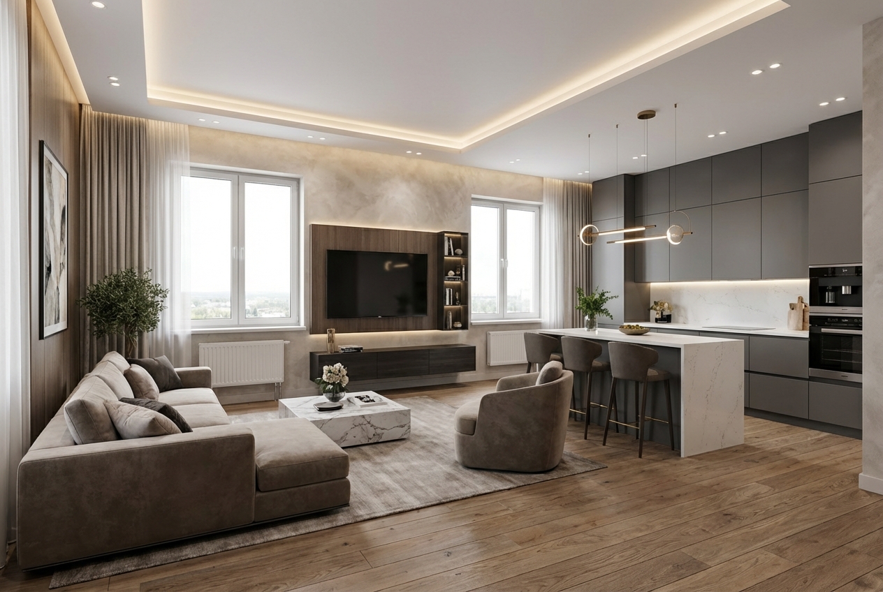 Дизайн гостиной в стиле Контемпорари — пример интерьера от нейросети RoomGPT