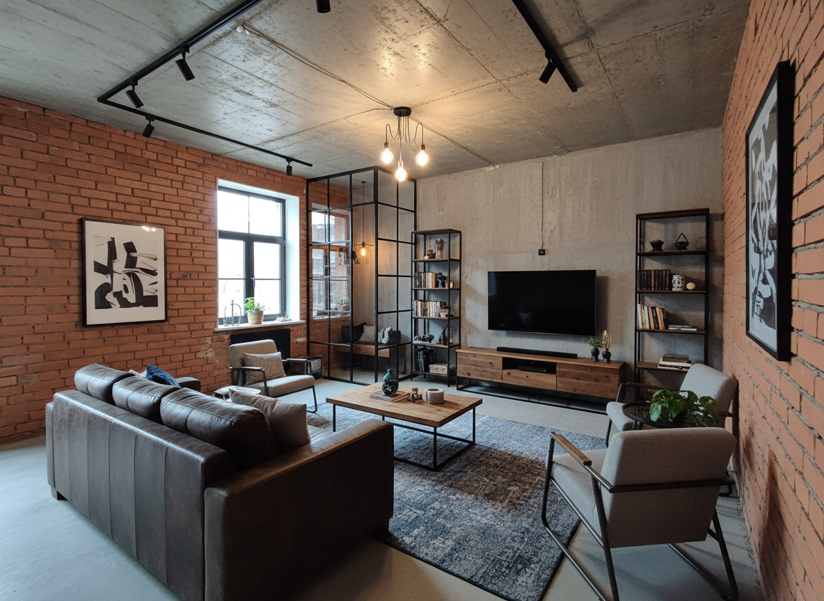Дизайн гостиной в стиле Лофт — пример интерьера от нейросети RoomGPT
