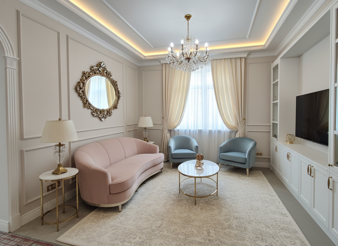 Дизайн гостиной в стиле Неоклассика — пример интерьера от нейросети RoomGPT