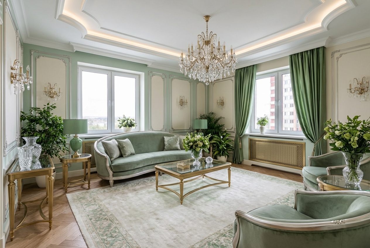 Дизайн гостиной в стиле Неоклассика — пример интерьера от нейросети RoomGPT