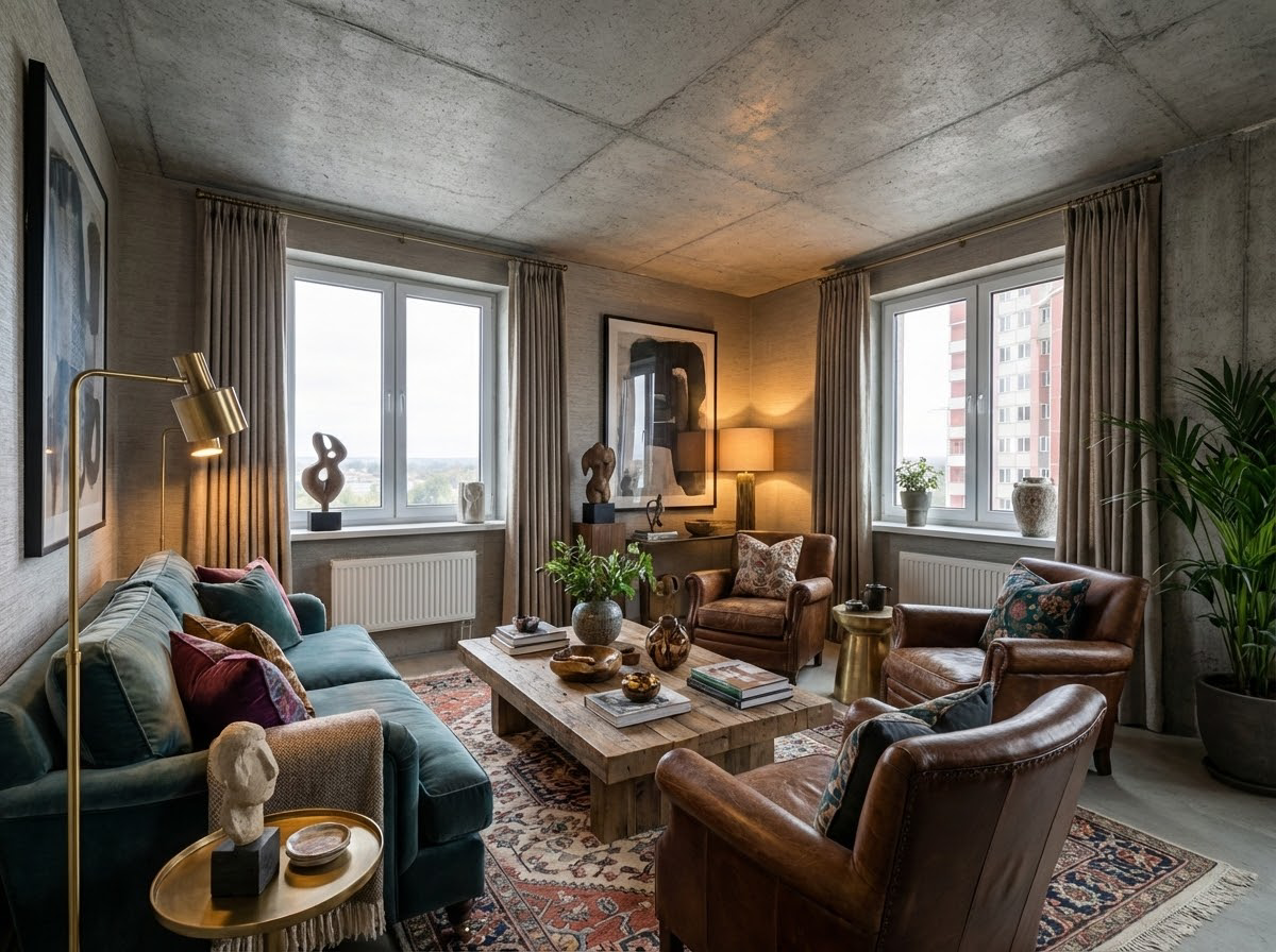 Дизайн гостиной в стиле Эклектика — пример интерьера от нейросети RoomGPT