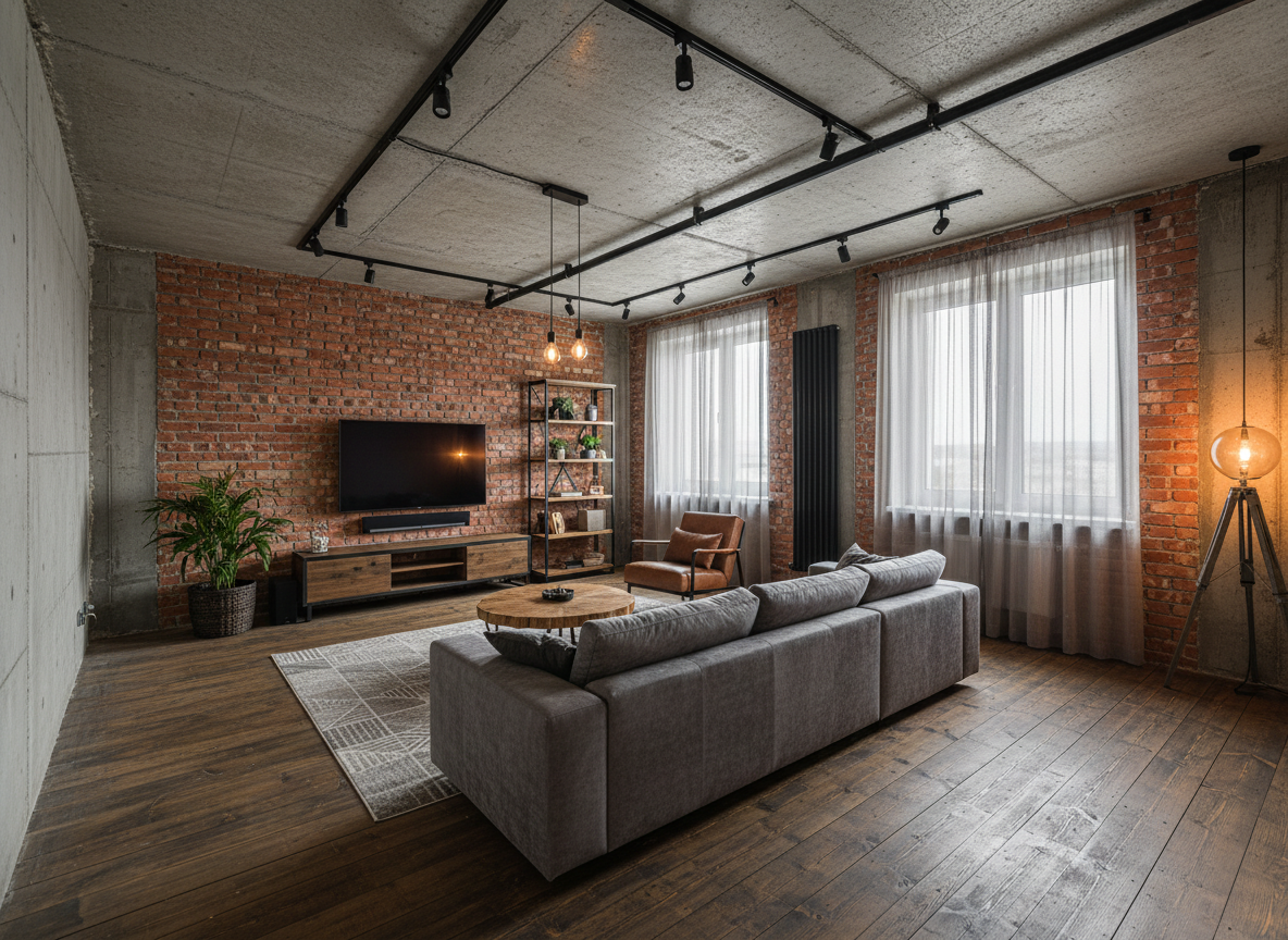 Дизайн гостиной в стиле Лофт — пример интерьера от нейросети RoomGPT