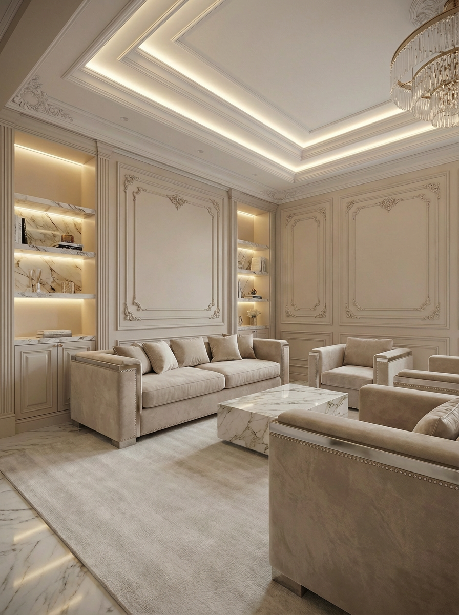 Дизайн гостиной в стиле Классика — пример интерьера от нейросети RoomGPT