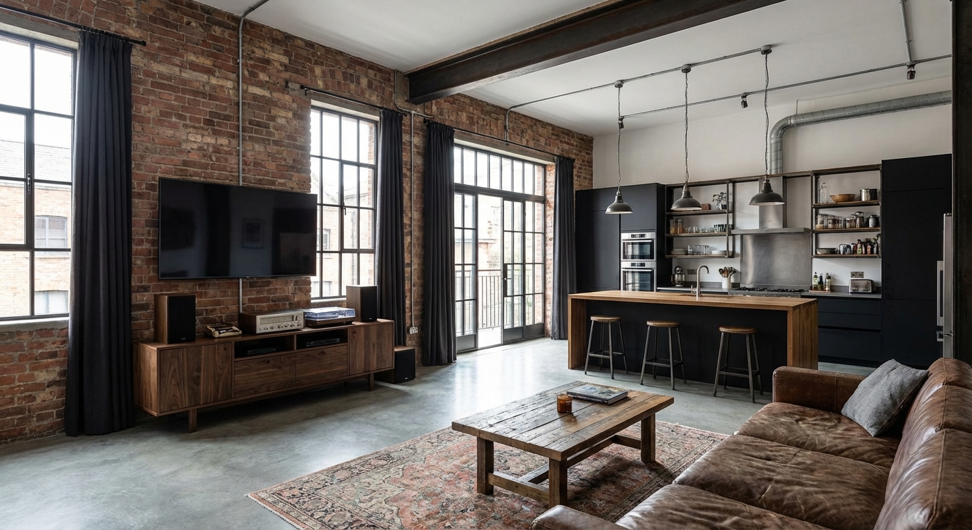 Дизайн гостиной в стиле Лофт — пример интерьера от нейросети RoomGPT