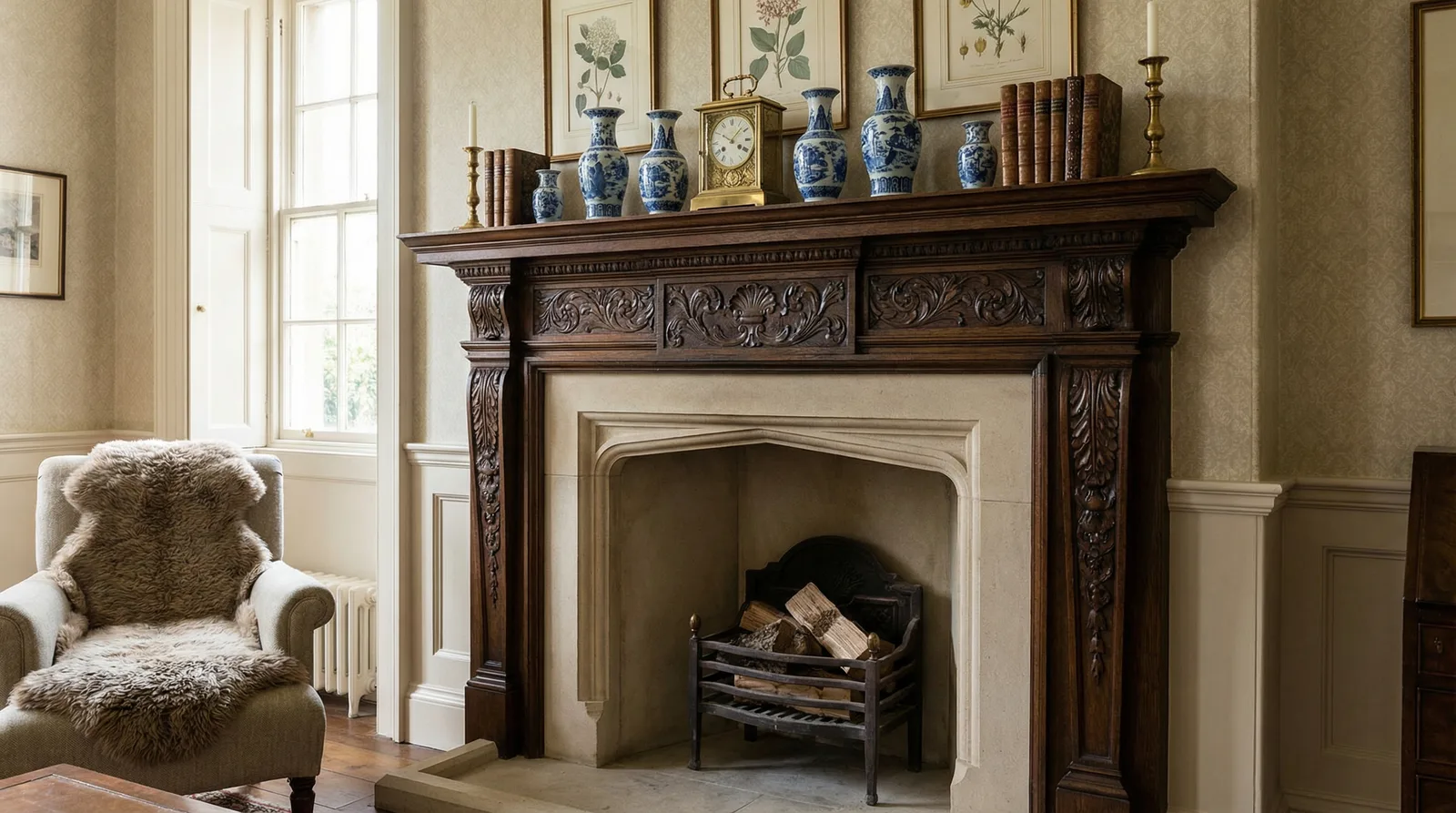 Камин и каминная полка в стиле Британский — пример интерьера | RoomGPT