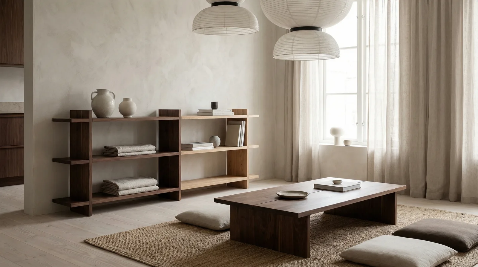 Тёмное натуральное дерево в стиле Japandi — пример интерьера | RoomGPT