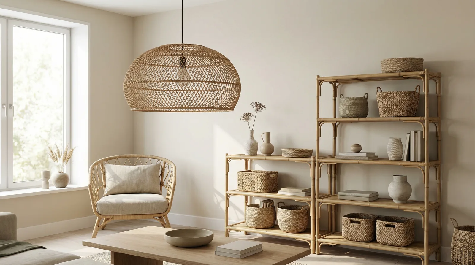Бамбук и ротанг в стиле Japandi — пример интерьера | RoomGPT