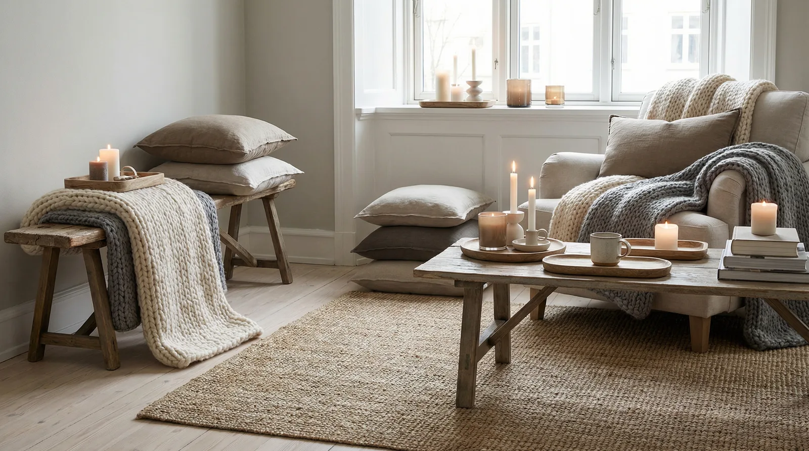 Текстиль и хюгге в стиле Сканди — пример интерьера | RoomGPT